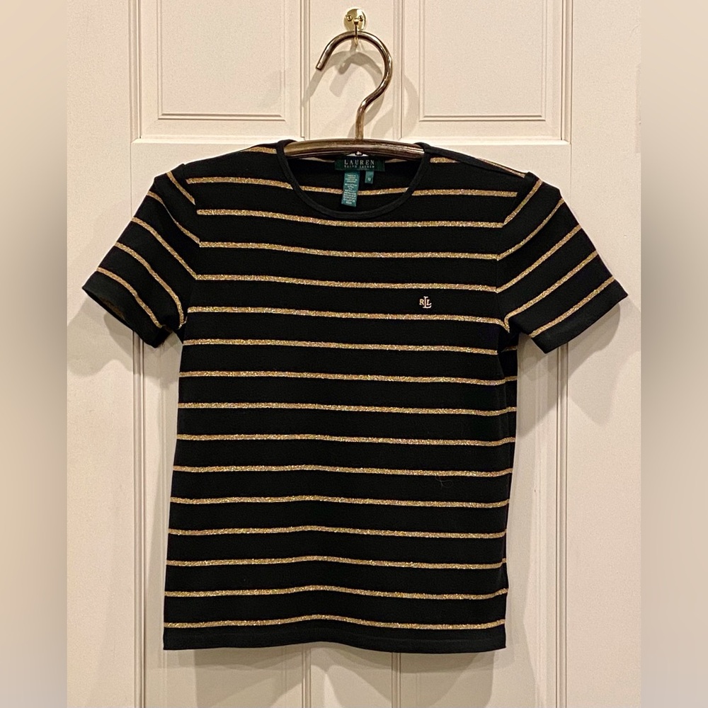 Ralph Lauren green label black with gold metallic stripes tee shirt